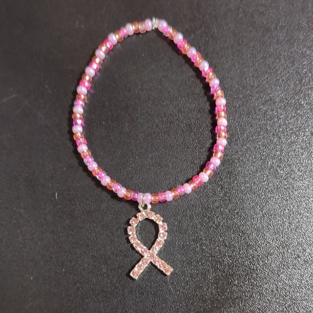 Pink Breast Cancer Beaded Bracelet with Ribbon Charm